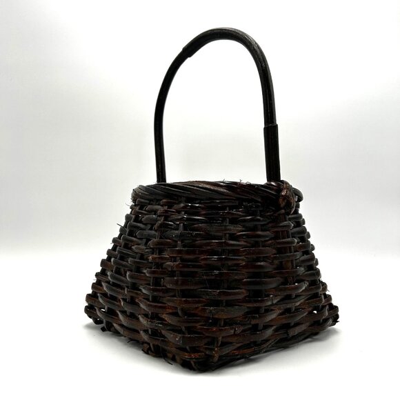Moody VTG Woven Wicker Dark Brown Rattan Basket Sturdy Bamboo Handle Primitive - Picture 9 of 9